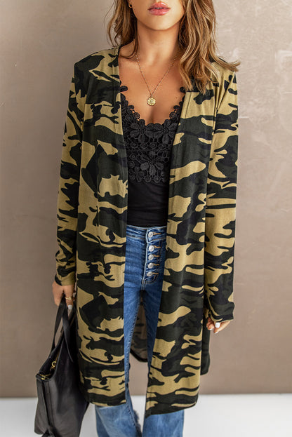 Cardigan long à imprimé camouflage vert