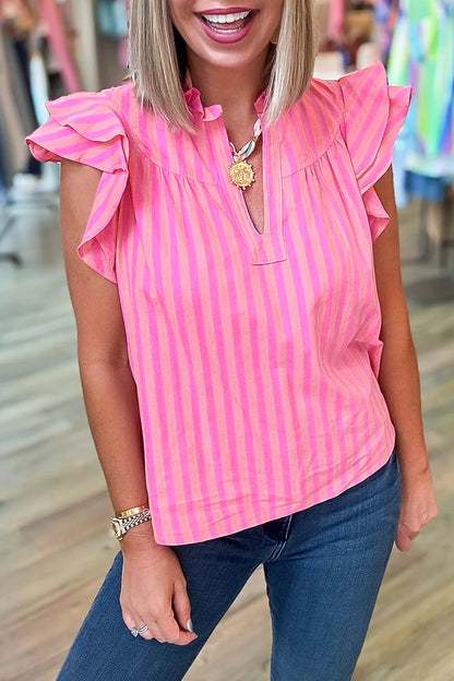 Pink Stripe Split Neck Ruffled Summer Blouse