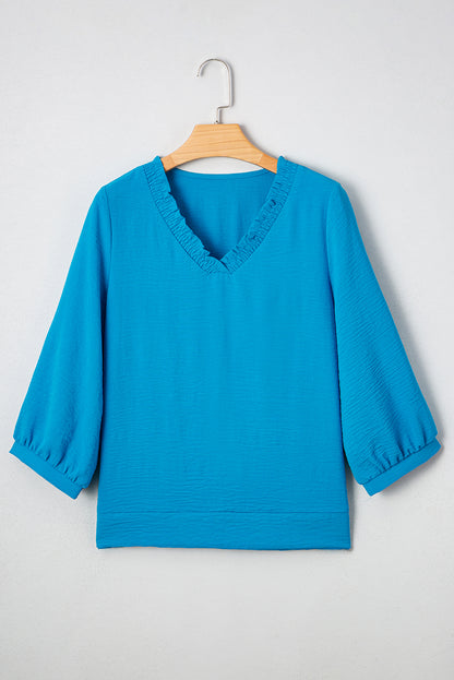 Moonlight Jade Frilled V Neckline Bracelet Sleeve Crinkled Blouse