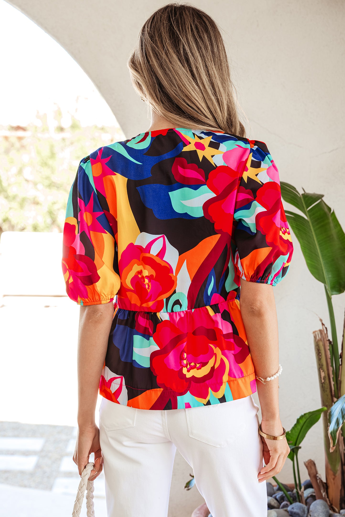 Red Abstract Floral Print Front Tied Puff Sleeve Babydoll Blouse