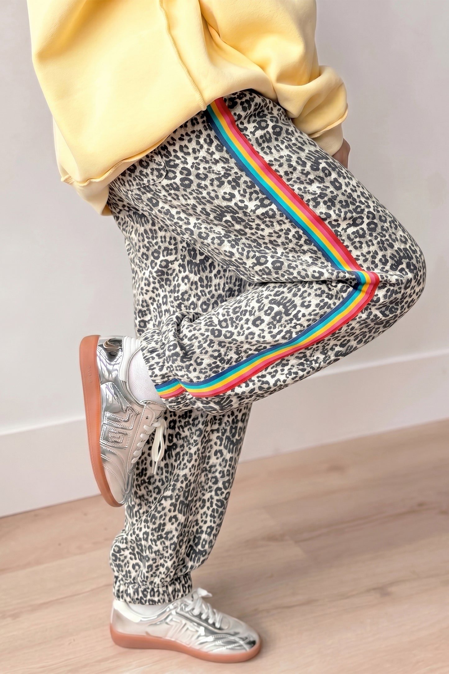 Brown Leopard Print Rainbow Striped Detail Buttoned Loose Jogger Jeans