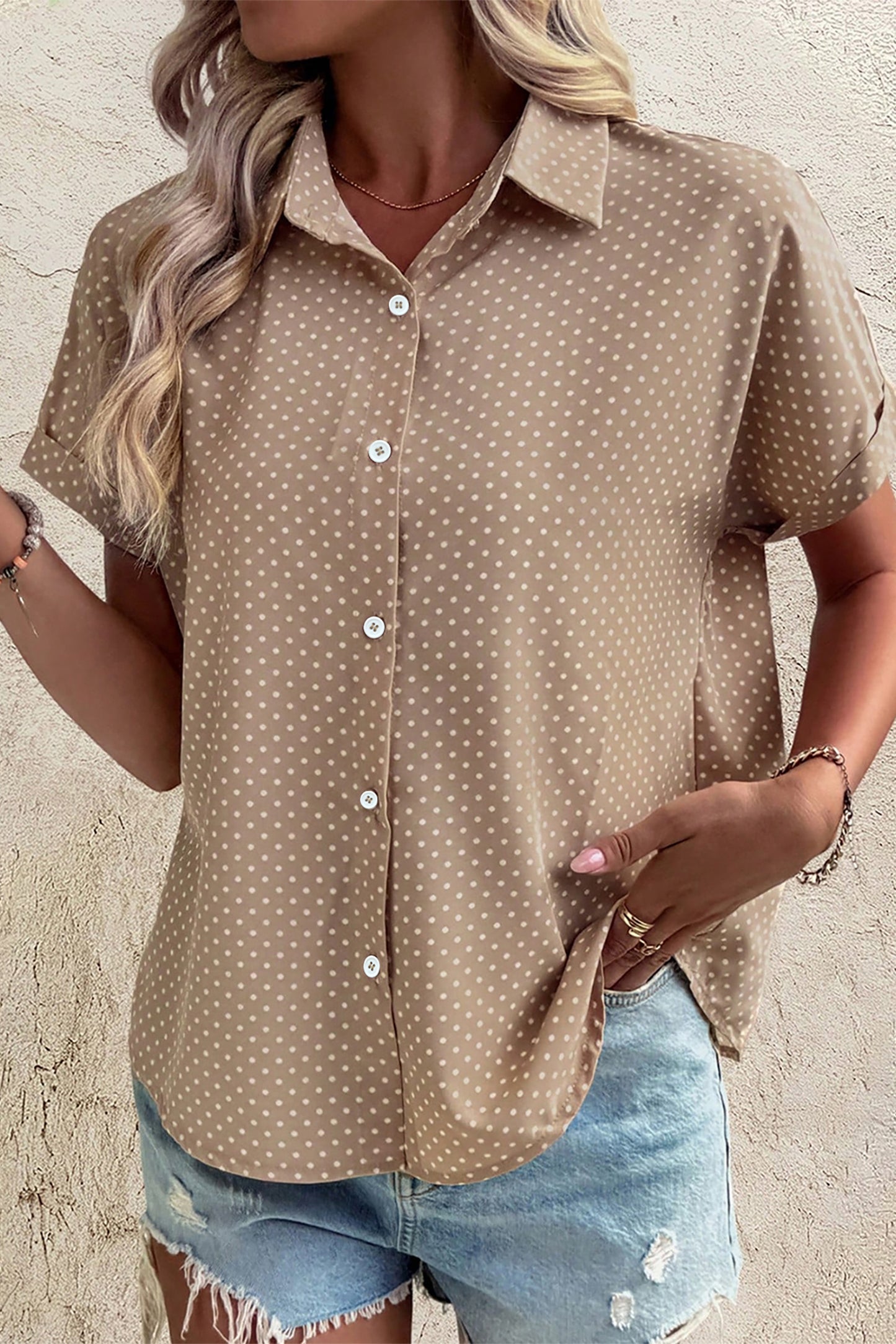 Khaki Dotted Print Cuffed Short Sleeve Shirt