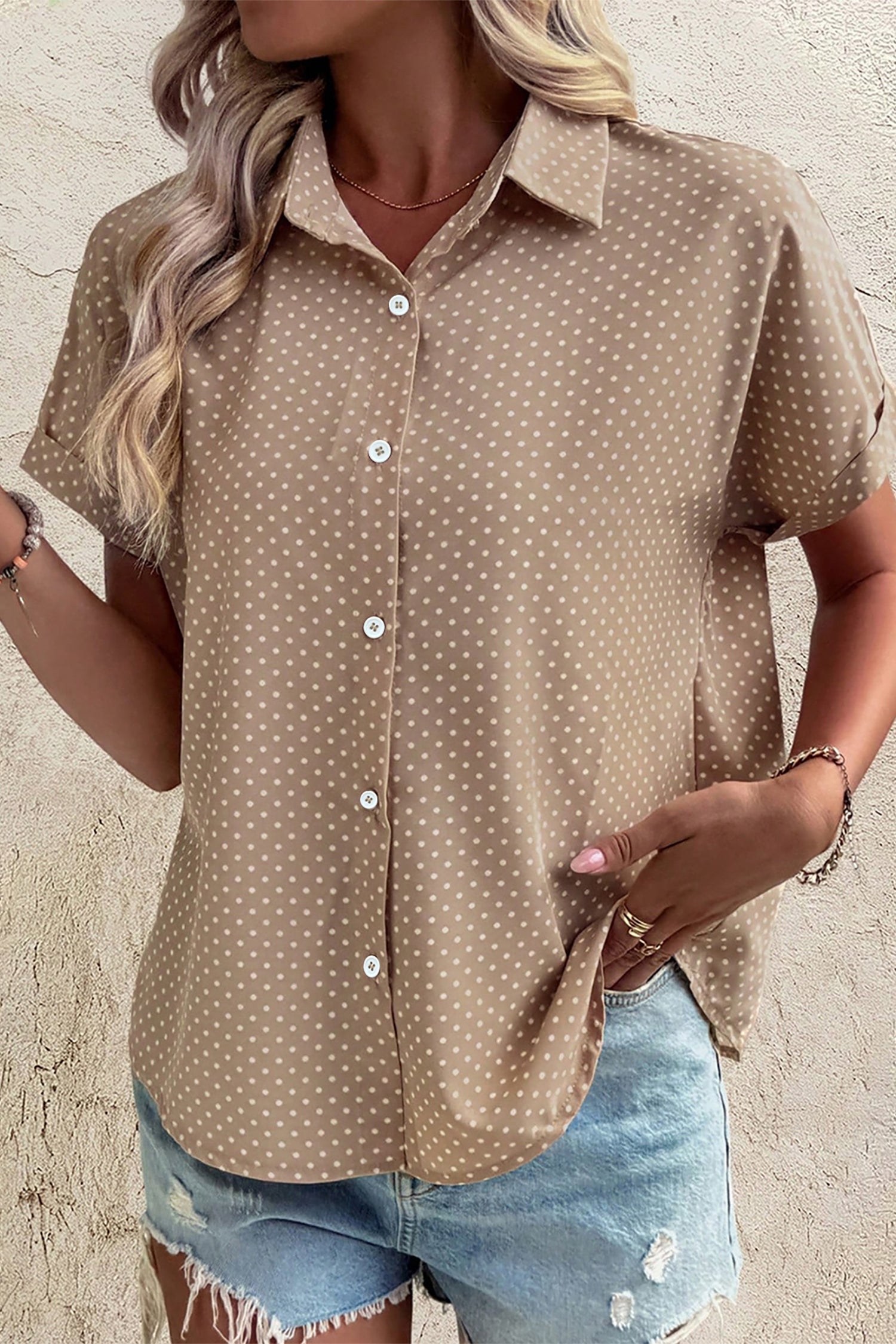 Khaki Dotted Print Cuffed Short Sleeve Shirt