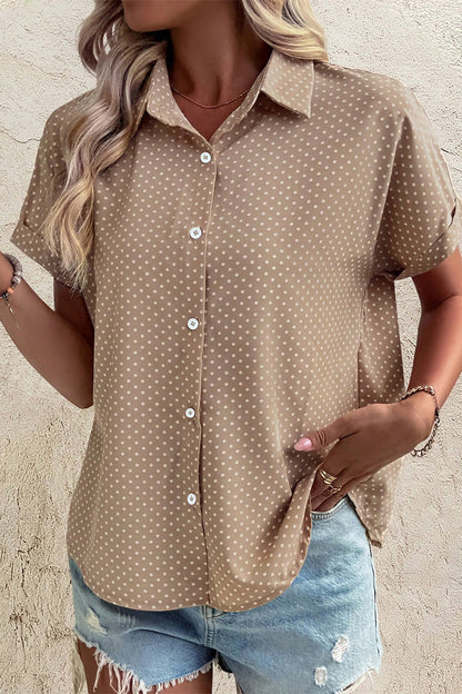 Khaki Dotted Print Cuffed Short Sleeve Shirt