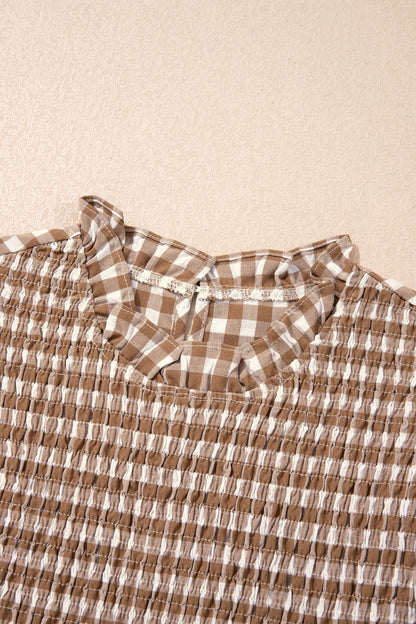 Brown 3/4 Sleeve Shirred Plaid Peplum Top