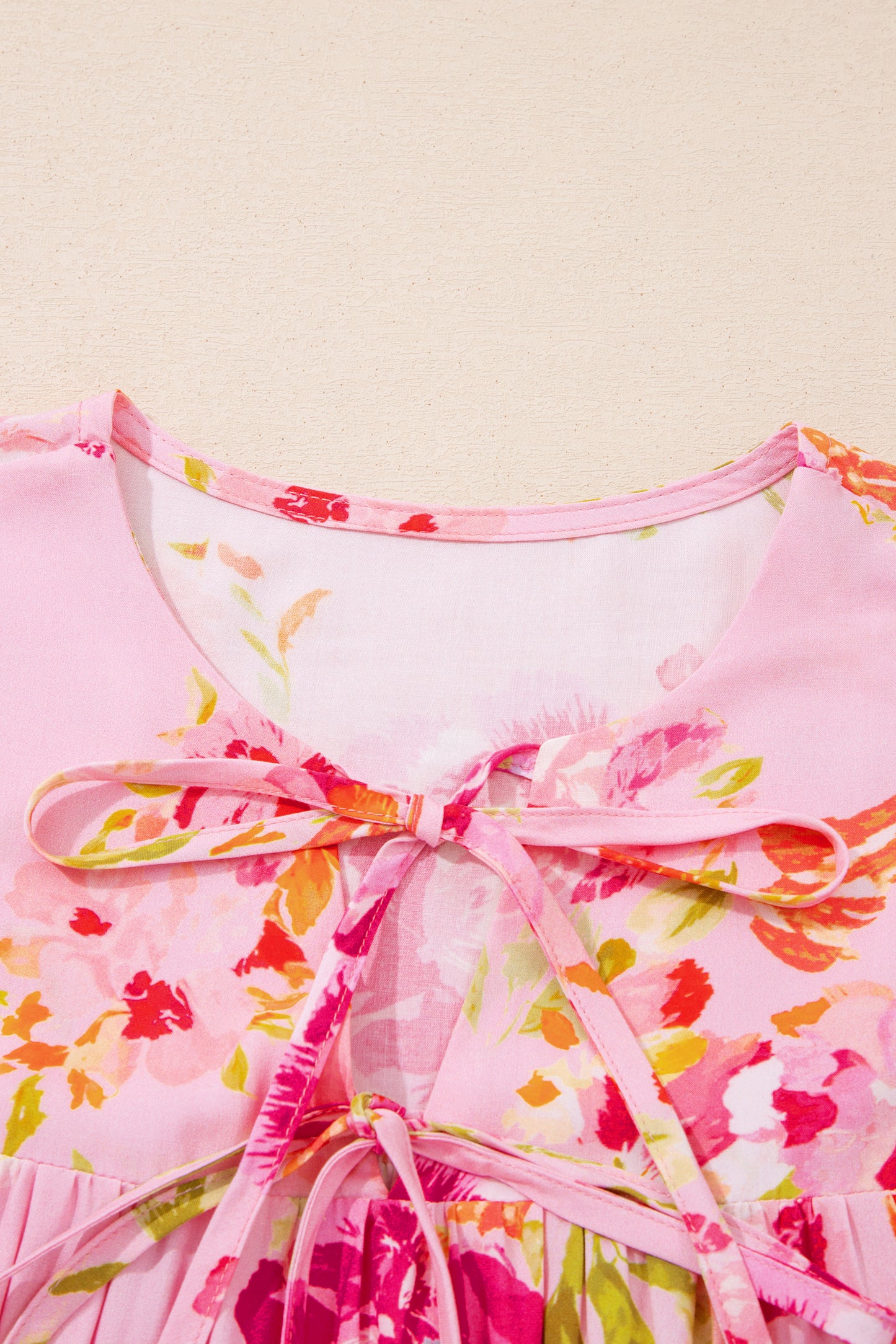 Pink Floral Print Tie Neck Puffy Half Sleeve Blouse