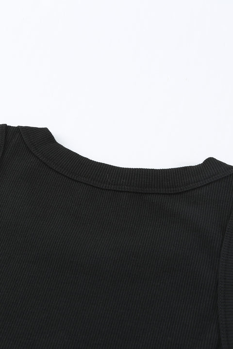 Solid Black Round Neck Ribbed Tank Top