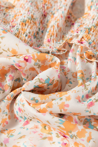 Mini-robe jaune style bohème à fleurs, col en V, volants, taille empire, manches longues