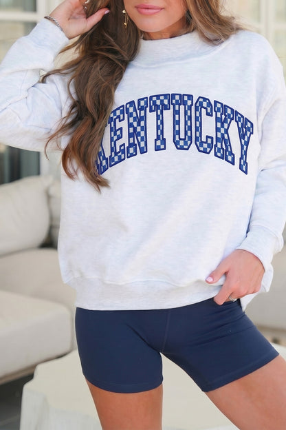 Light Grey High Neck Embroidered Checkered Letter Game Day Sweatshirt