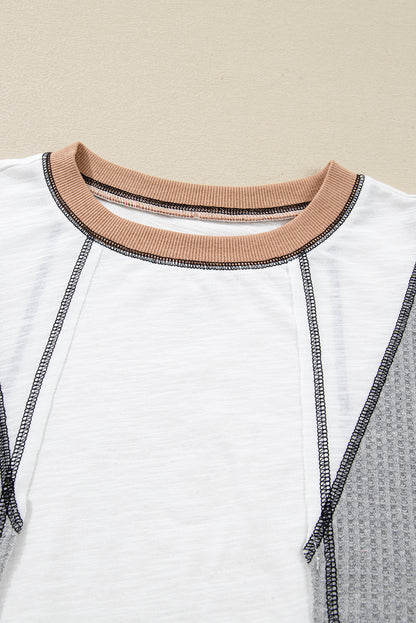 White Contrast Block Mixed Textured Knit Patchwork Casual Top
