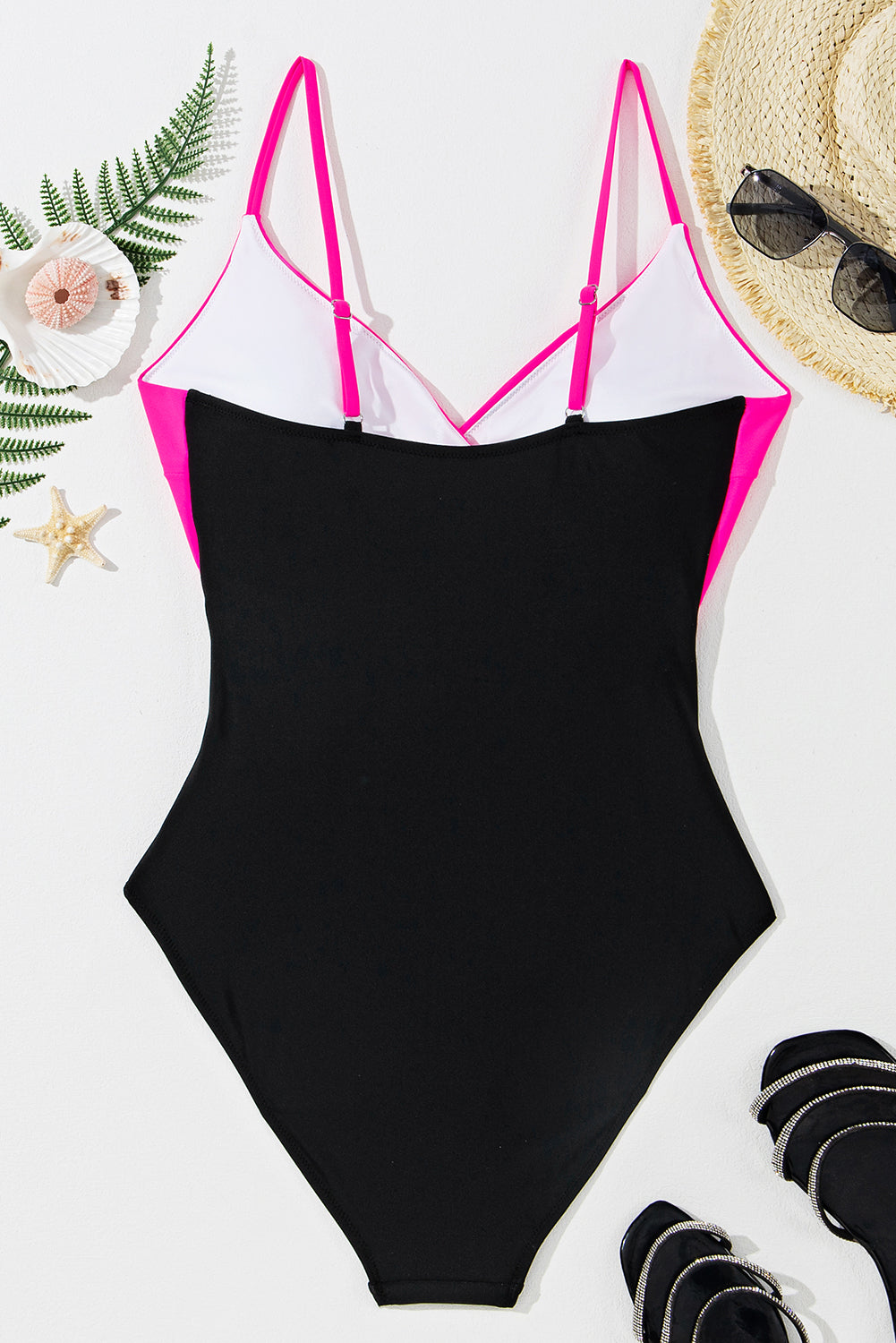 Maillot de bain une pièce à découpes croisées et colorblock rouge rose