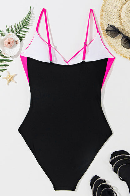 Maillot de bain une pièce à découpes croisées et colorblock rouge rose