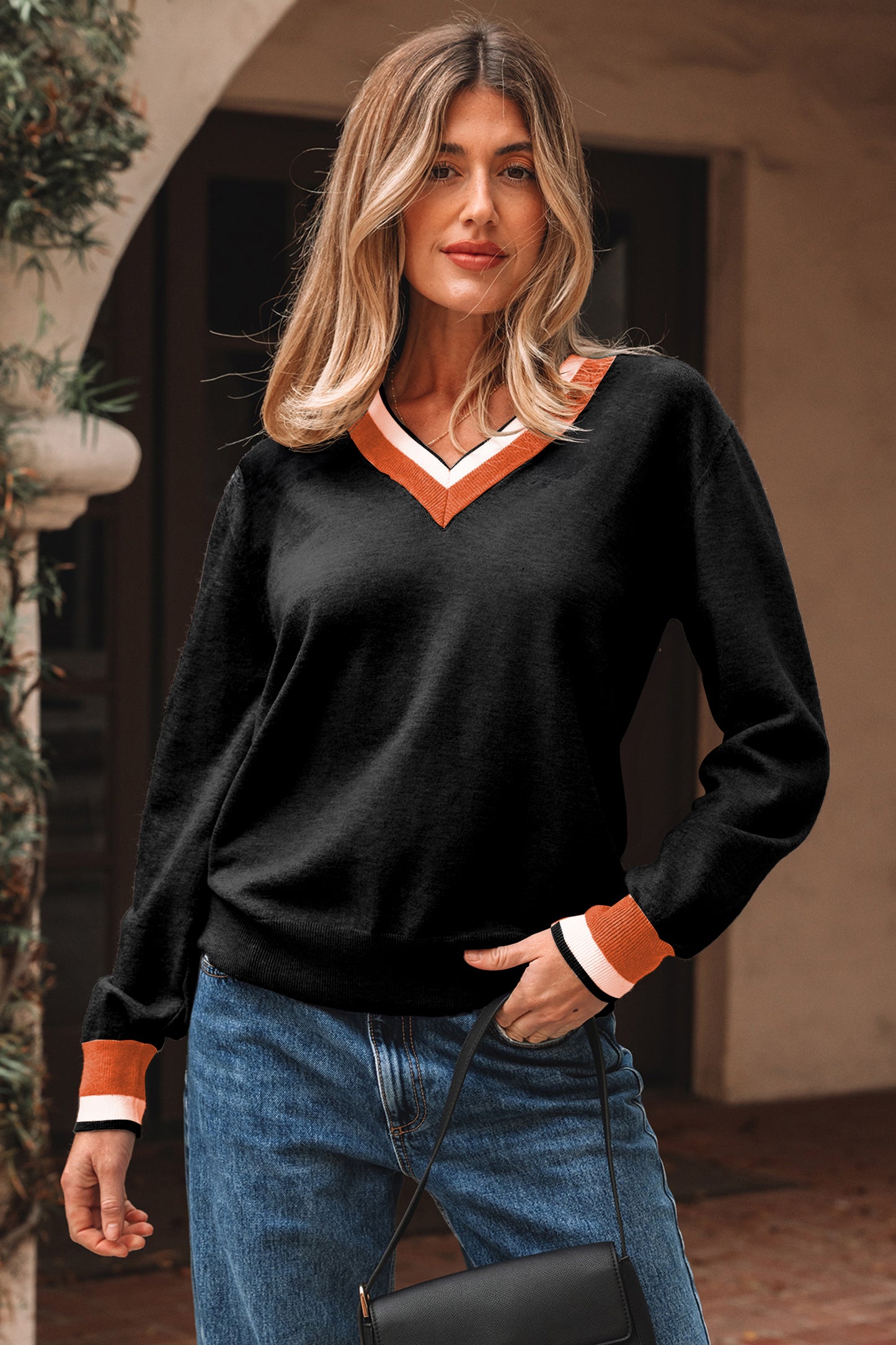 Gray Contrast Striped Trim V Neck Varsity Sweater
