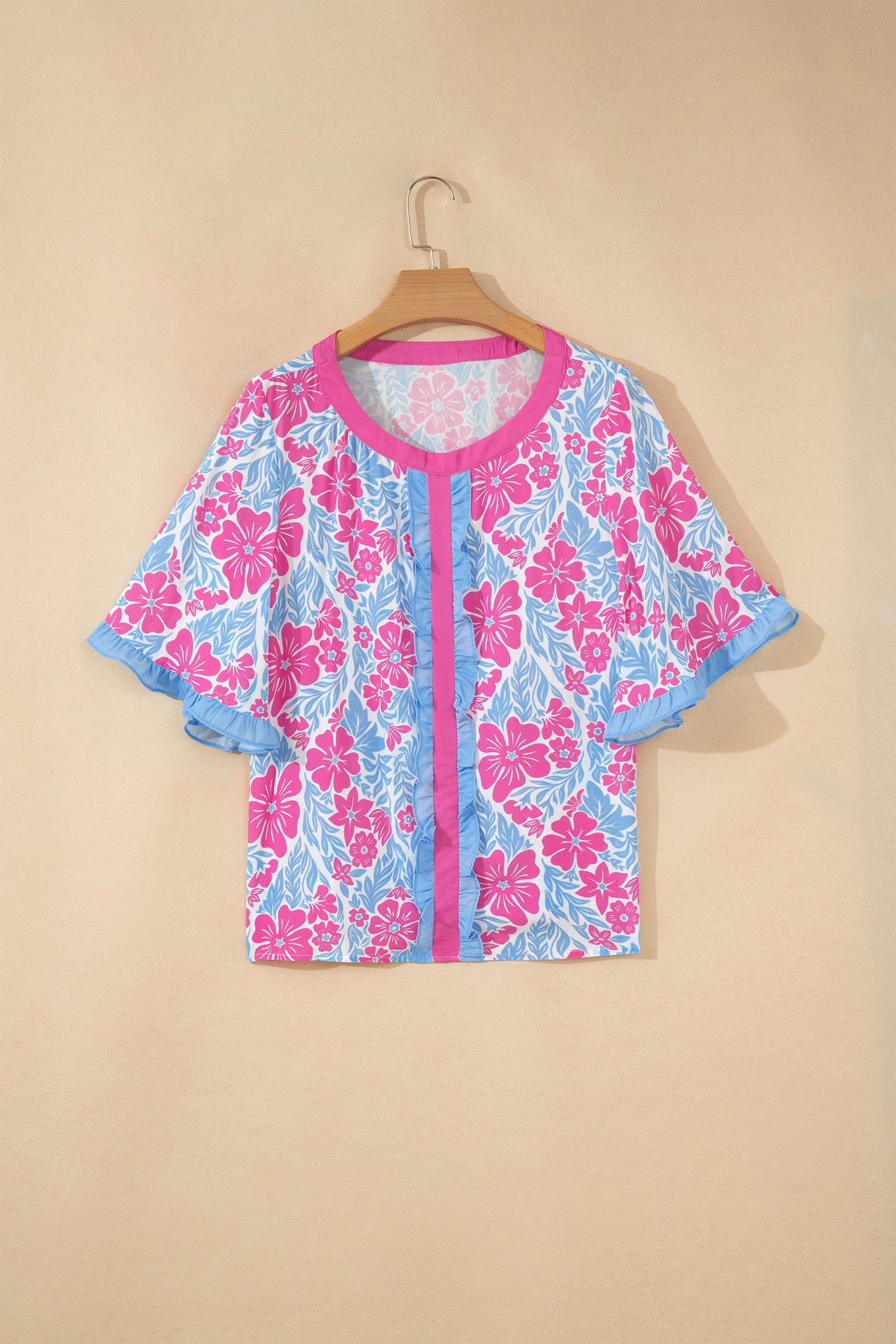 Rose Floral Print Ruffled Color Block Trim Half Sleeve Blouse