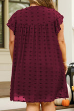 Burgundy Plus Size Swiss Dot Ruffled Sleeve V Neck Dress