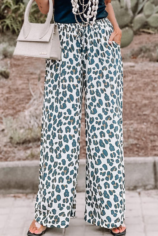 Leopard Print Pocketed Wide Leg Pants