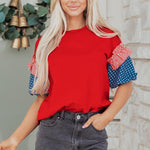 Fiery Red Stars Stripes Short Puff Sleeve Top
