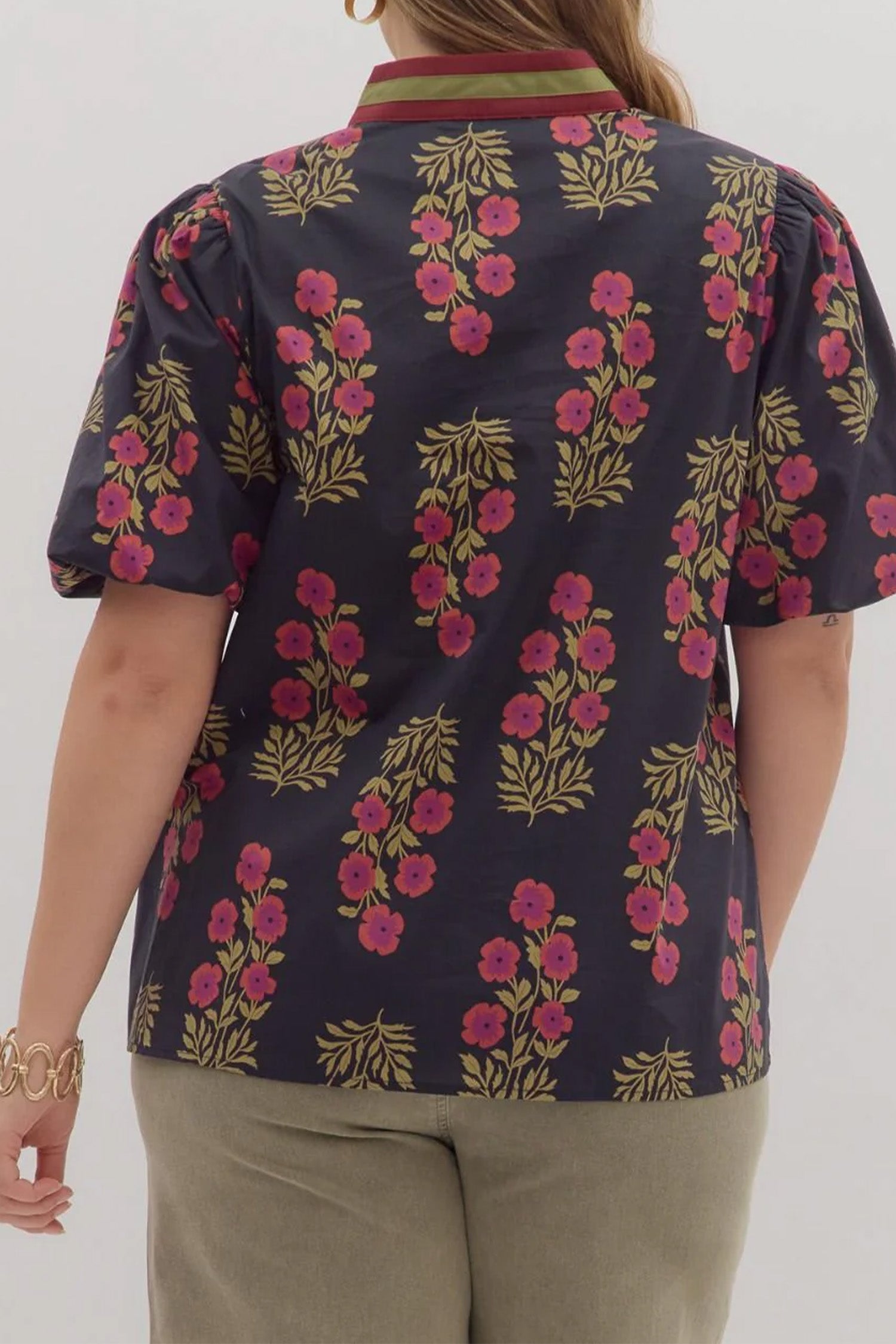 Black Plus Size Floral Print Ricrac Striped Trim Short Sleeve Cotton Blouse