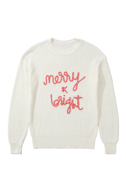 Pull de Noël rayé blanc avec lettres lumineuses et joyeuses