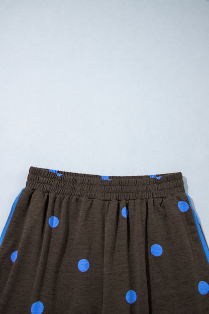 Brown Polka Dot Print Varsity Striped Detail Long Sleeve Top Short Set