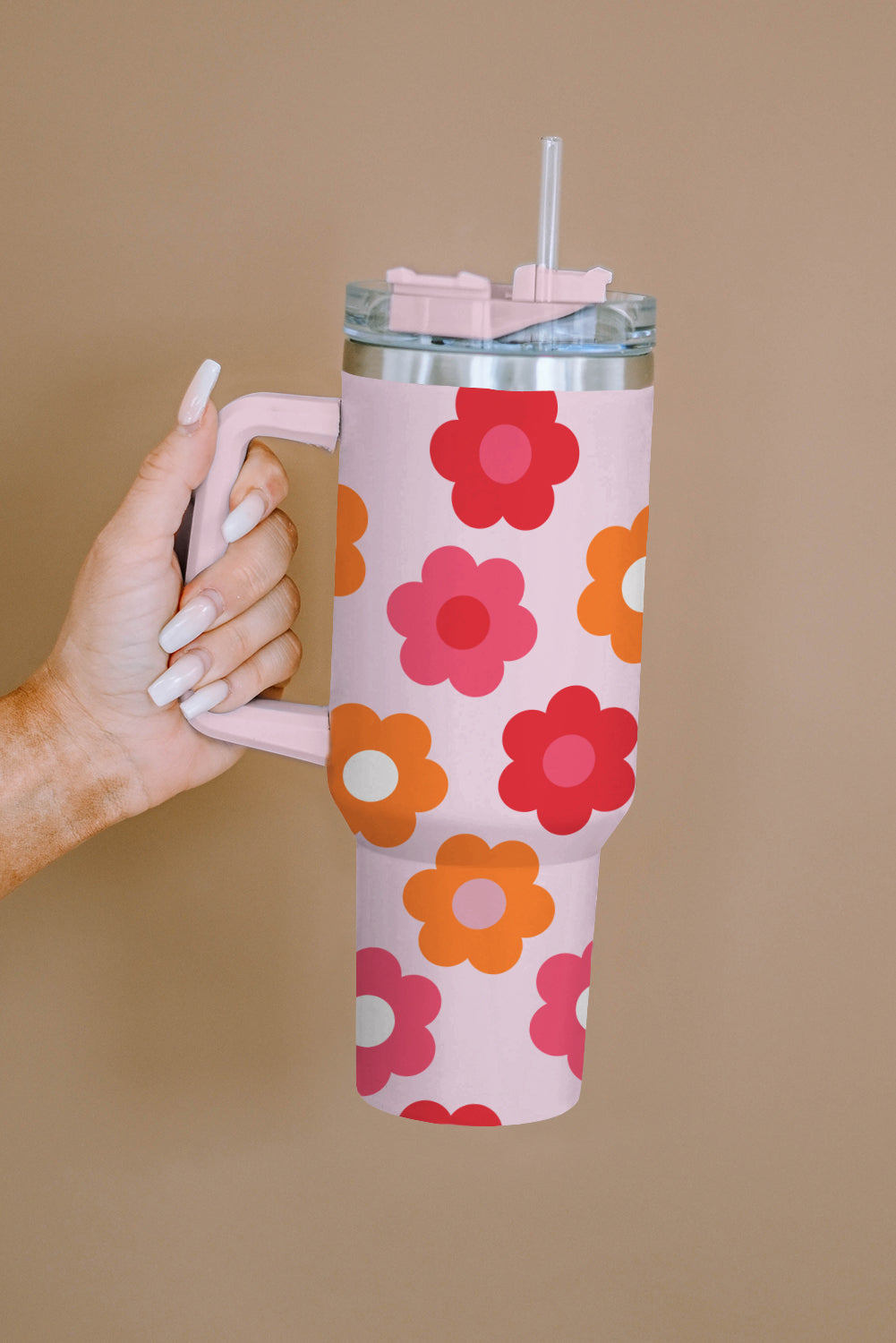 Taza de vacío de acero inoxidable con asa y estampado de flores multicolores