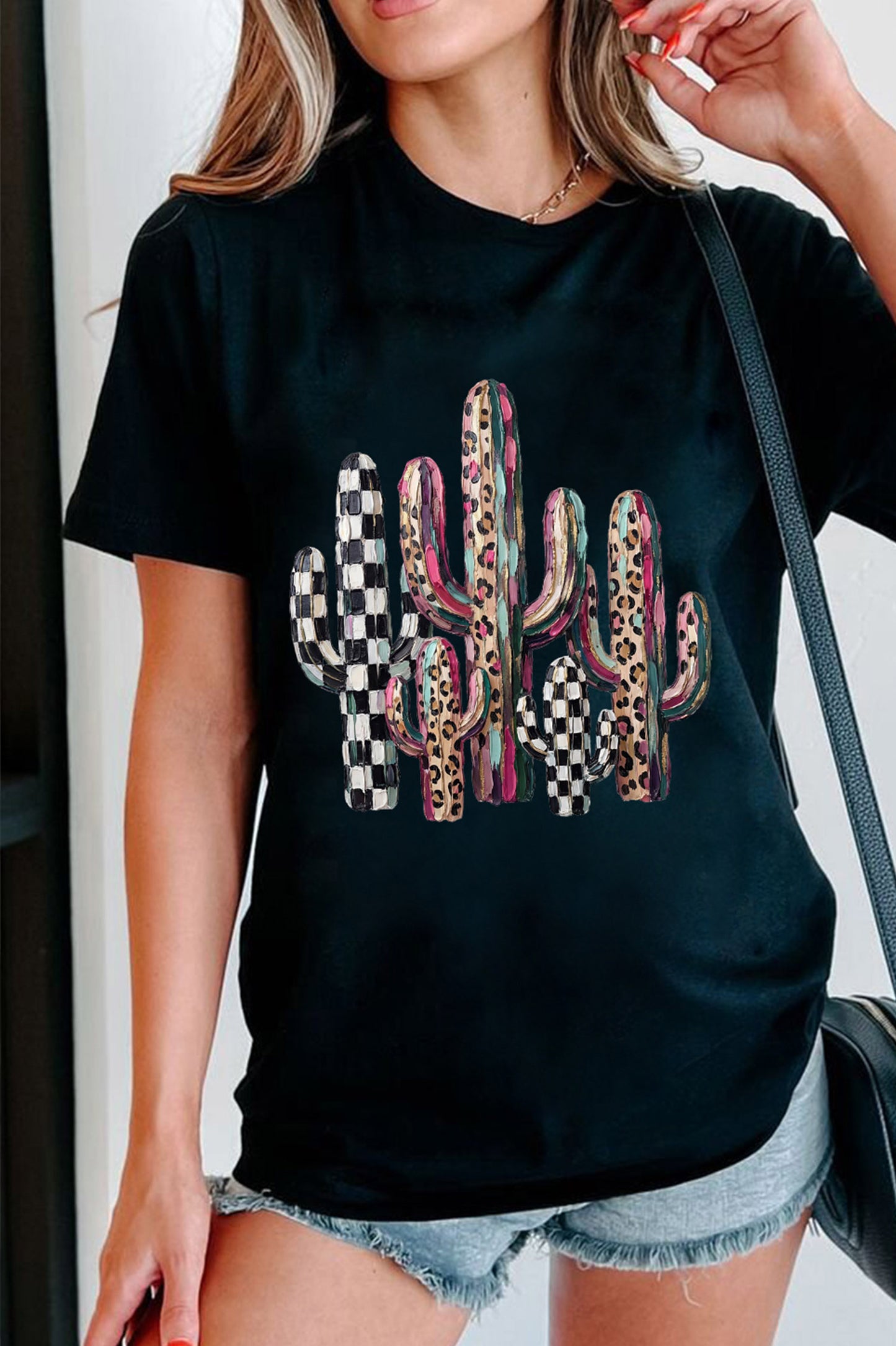 Black Mixed Pattern Cactus Graphic Print Relaxed T-Shirt