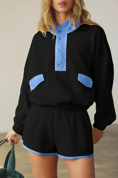 Black Color Block Patchwork Half Button Pullover and Shorts 2pcs Outfit