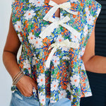 Green Floral Print Bow Applique Slit Sleeveless Peplum Blouse