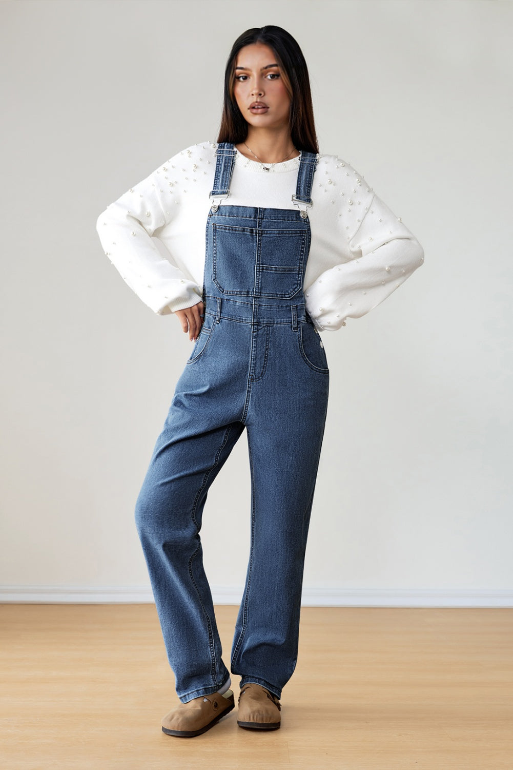 Dark Blue Retro Bib Pocket Buckle Straps Casual Denim Jumpsuit