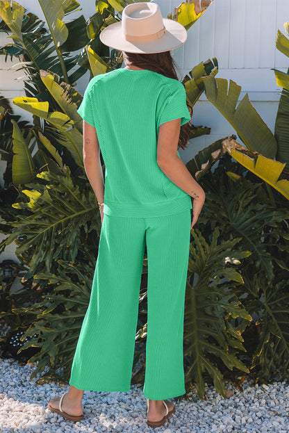Blue Solid Corded Knit Short Sleeve T Shirt and Wide Leg Pants Set