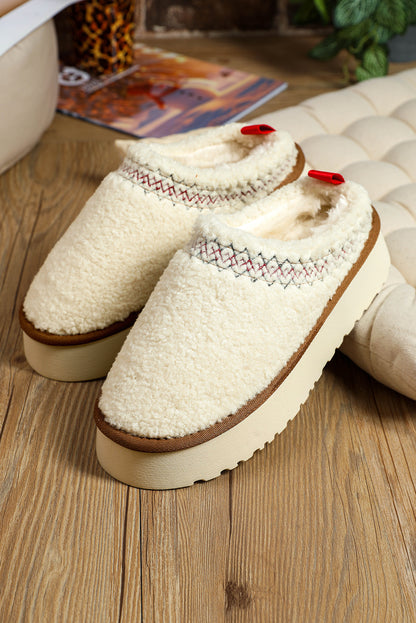 White Soft Plush Embroidered Detail Flat Platform Slippers