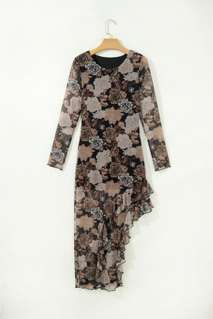 Black Floral Long Sleeve Asymmetric Ruffle Split Hem Mesh Dress