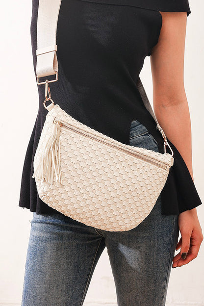 White Checkered Woven PU Leather Crossbody Bag Adjustable Strap Large Size
