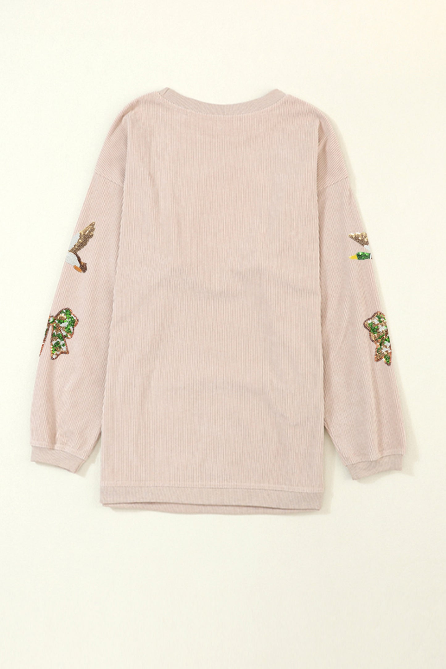 Apricot Twisted Rib Sequin Patched Mallard Bow Pattern Oversized Sweatshirt