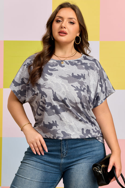 Gray Plus Size Camo Print Casual T Shirt