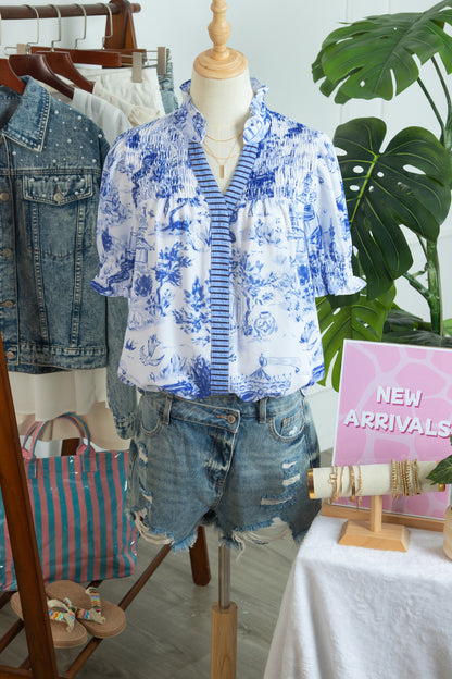 Blue Wild Animal Paradise Striped Detail V Neck Blouse