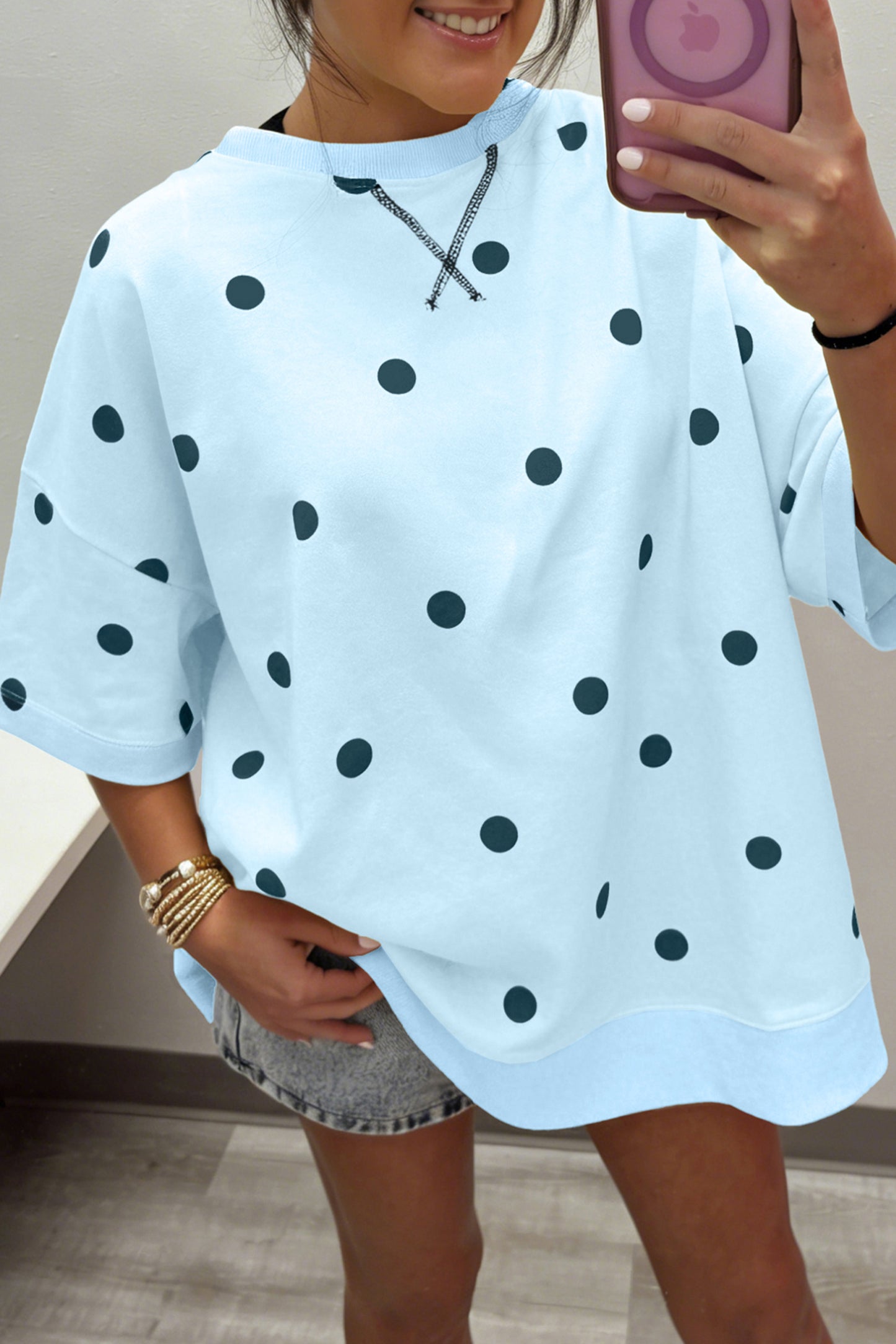 Sky Blue Polka Dot Print Crossed Seam Detail Oversize Tee