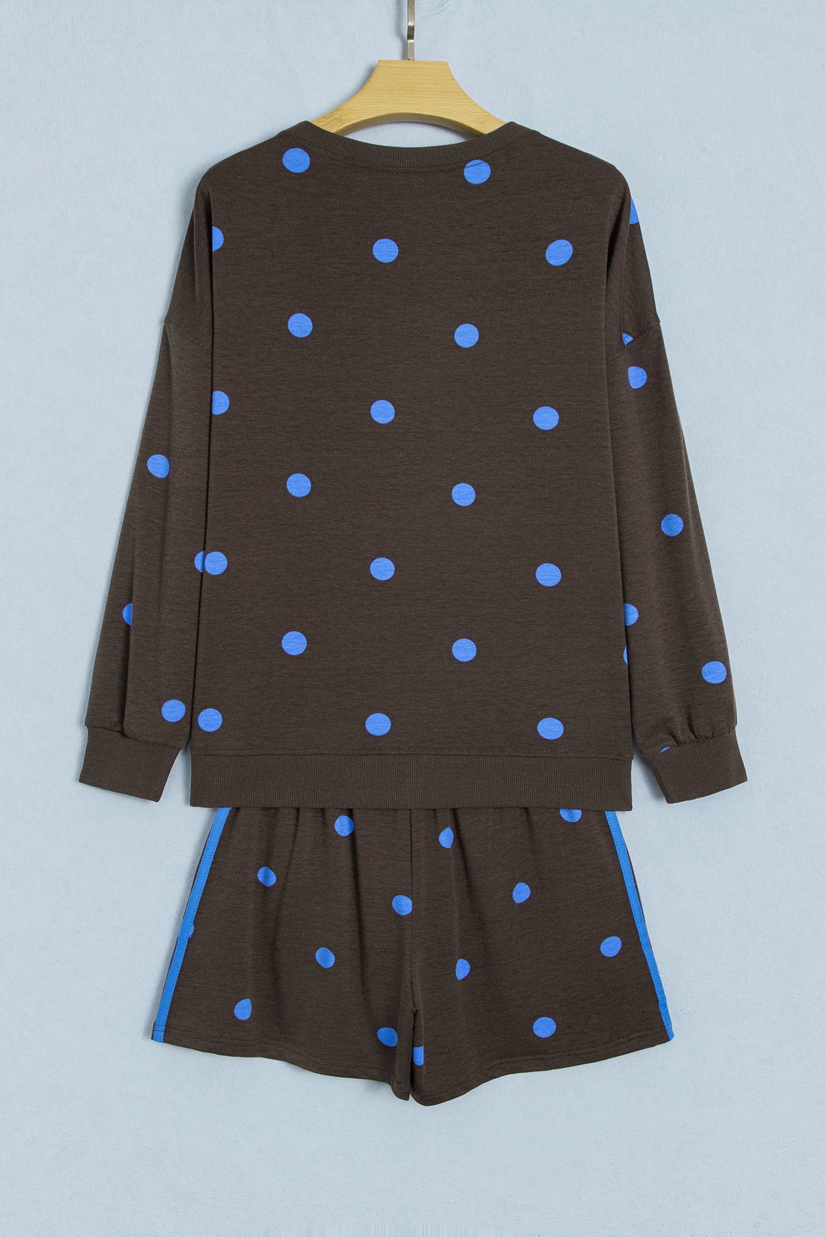 Brown Polka Dot Print Varsity Striped Detail Long Sleeve Top Short Set