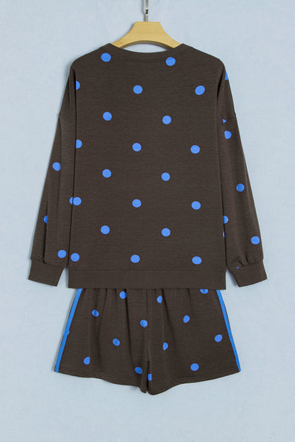Brown Polka Dot Print Varsity Striped Detail Long Sleeve Top Short Set