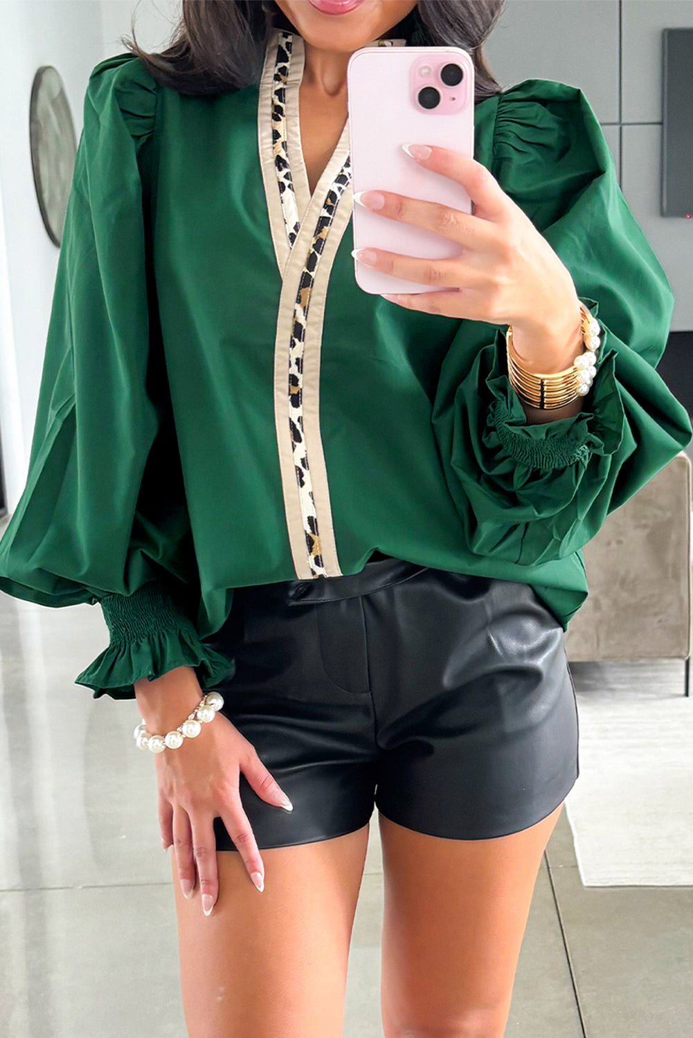 Evergreen Puffy Flounce Sleeve Leopard Trim V Neck Blouse