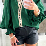 Evergreen Puffy Flounce Sleeve Leopard Trim V Neck Blouse