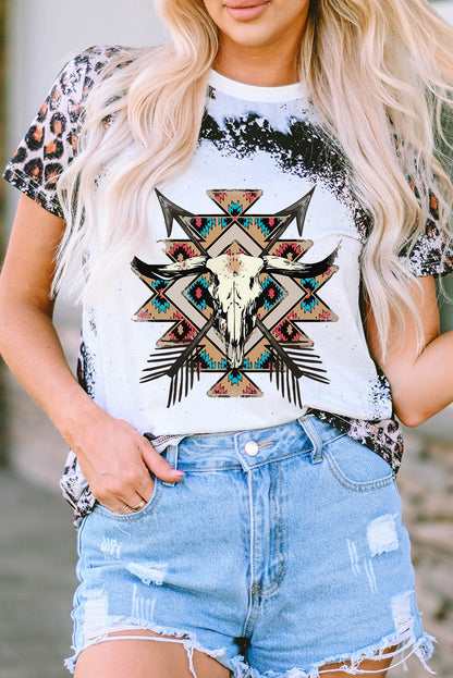 T-shirt ras du cou à imprimé léopard et tête de bœuf western aztèque