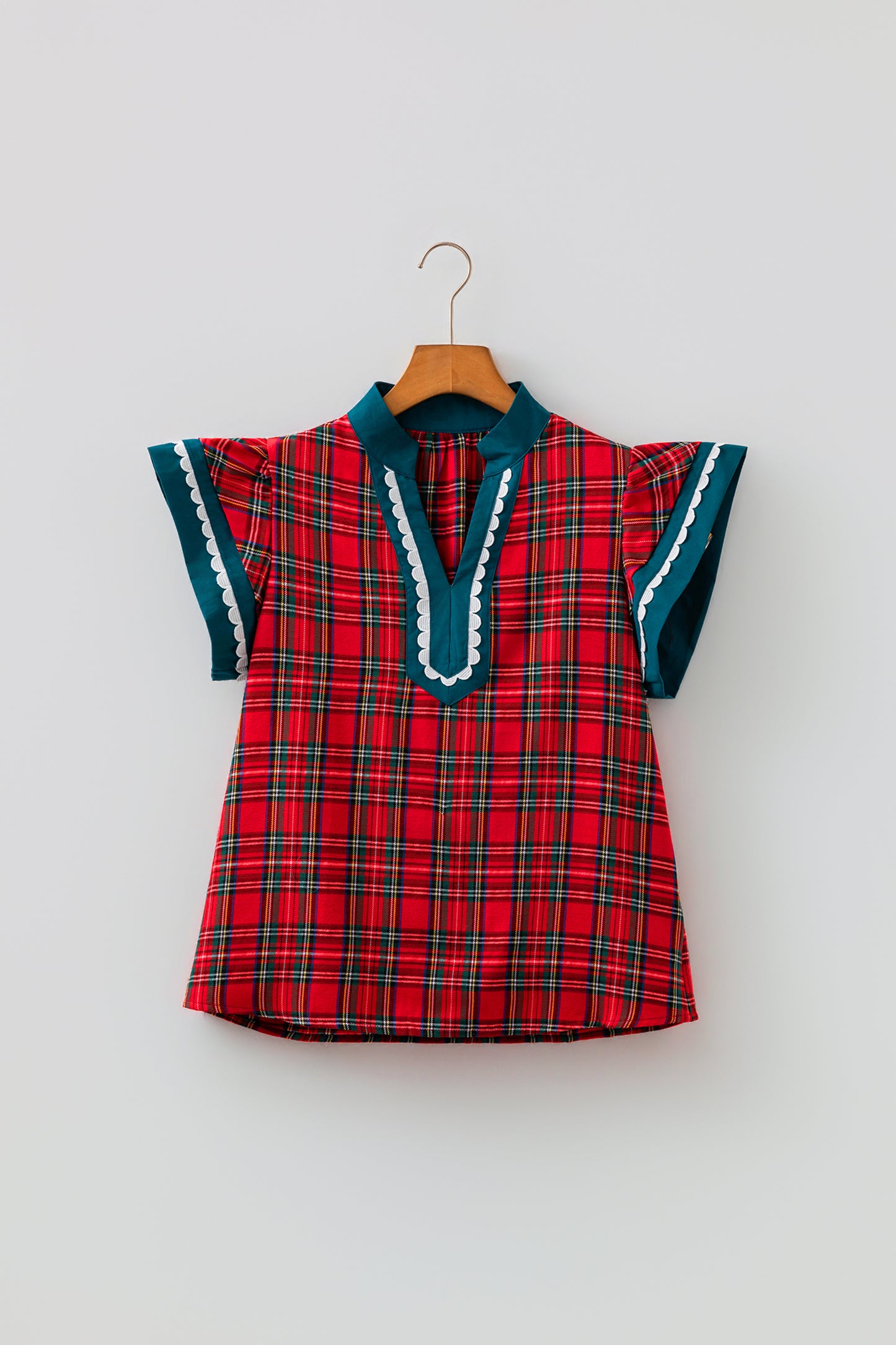 Red Plaid V Neck Short Sleeve Shift Blouse