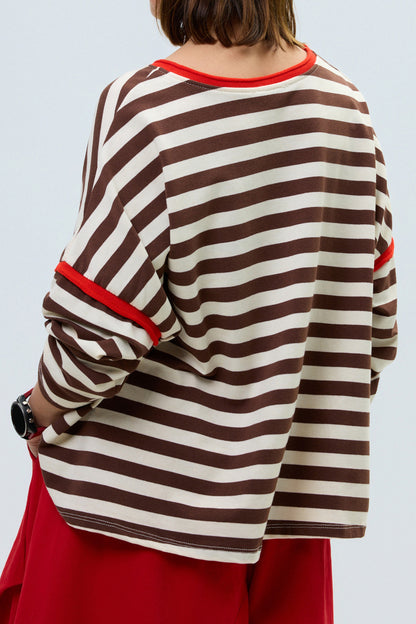 Brown Stripe Casual Long Sleeve Contrast Trim Round Neck Shift Top