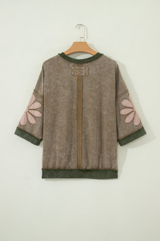 Breen Mineral Wash Raw Seam Patchwork Flower Patched 3/4 Sleeve Oversize Top