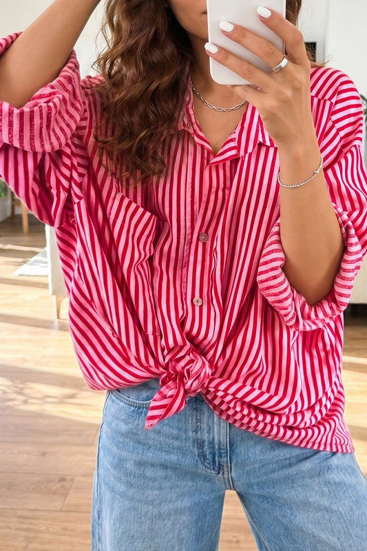 Red Stripe Button-Up Shirt Long Sleeve Patch Pocket Casual Shirt