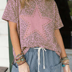 Pink Leopard Retro Studded Star Patch Loose Tee