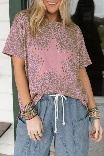 Pink Leopard Retro Studded Star Patch Loose Tee