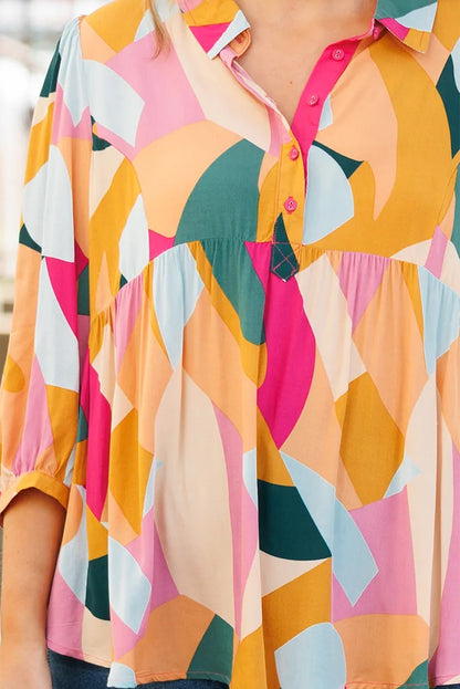 Chemisier Henley multicolore à imprimé géométrique et manches bracelet 