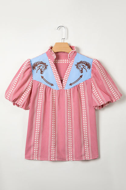 Brown Western Pony Embroidered Yoke Puff Sleeve Gingham Blouse